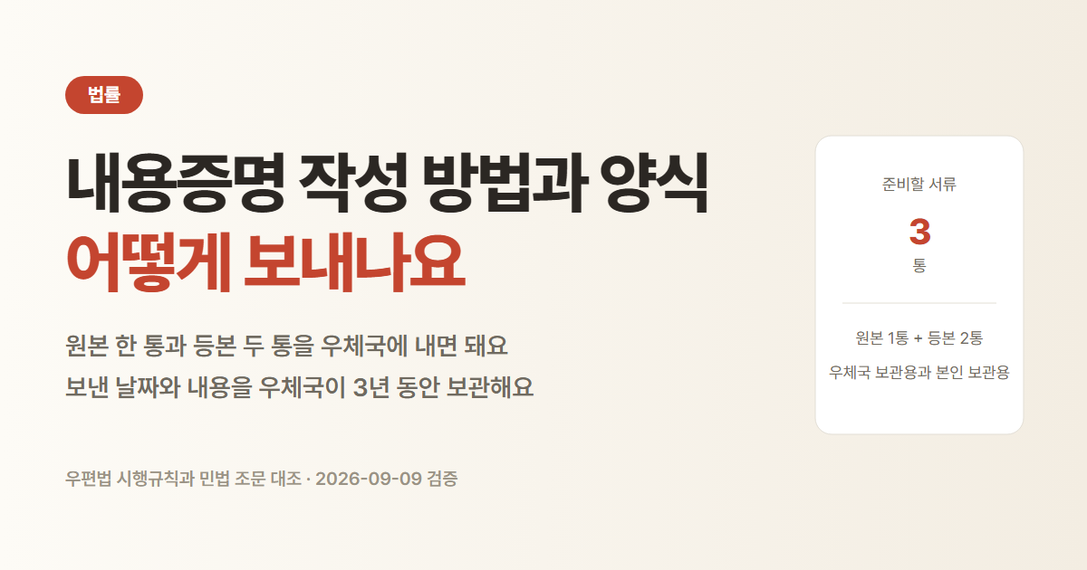 내용증명 작성 방법. 원본 한 통과 등본 두 통을 우체국에 제출해요
