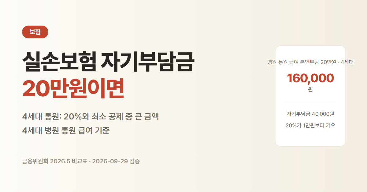 4세대 실손보험 병원 통원 급여 본인부담 20만원이면 자기부담금 40,000원, 보험금 160,000원